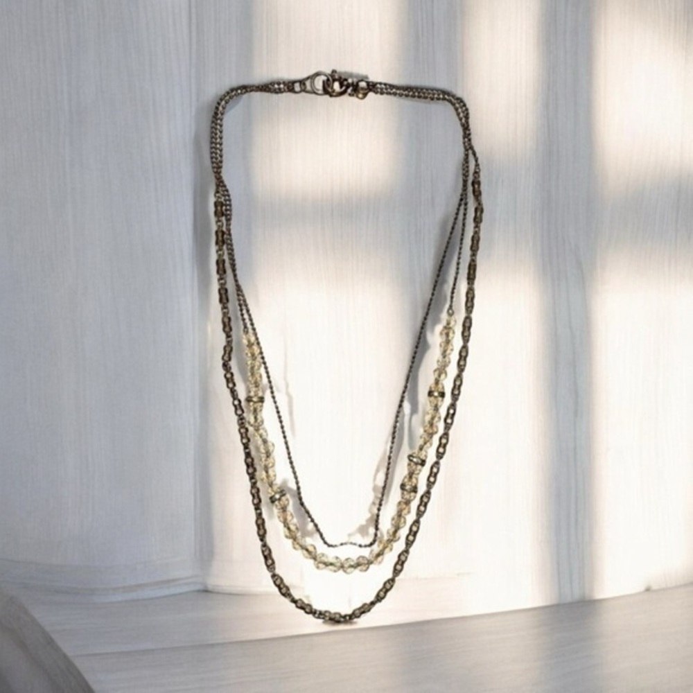 Vintage J. Crew Multi-strand Brass Crystal Peach Gem Necklace